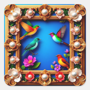 Blumen-Vogel-Rahmen-Aufkleber Geschenk Quadratischer Aufkleber