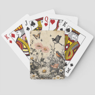 Blumen, Vögel und Schmetterling auf gealtertem Pap Spielkarten