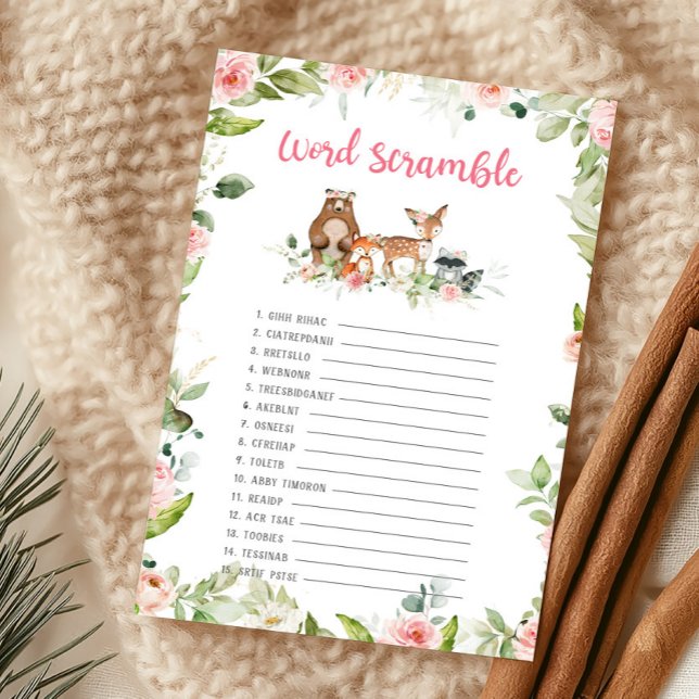 Blumen-Wald-Dusch-Wortverwirrspiel (Girl Woodland Animals Baby Shower Word Scramble Game)