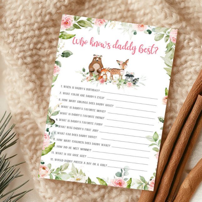 Blumen-Wald-Wer kennt Daddy am besten Spiel (Girl Woodland Animals Baby Shower Who Knows Mommy Best Game)