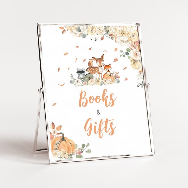 Blumen-Waldtiere Bücher und Geschenke Schild (Floral Woodland Animals Baby Shower Books and Gifts Sign)