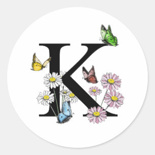 Blumen-Wasserfarbe-Schmetterling-Monogramm Buchsta Runder Aufkleber