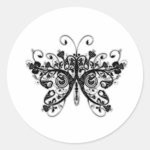 Blumen-Wirbel Schmetterling - Schwarz & Weiß Runder Aufkleber