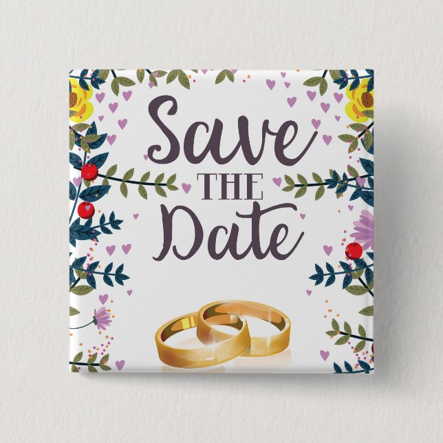 Blumen zum Datum speichern und Hochzeitsringe Button (Vorderseite)