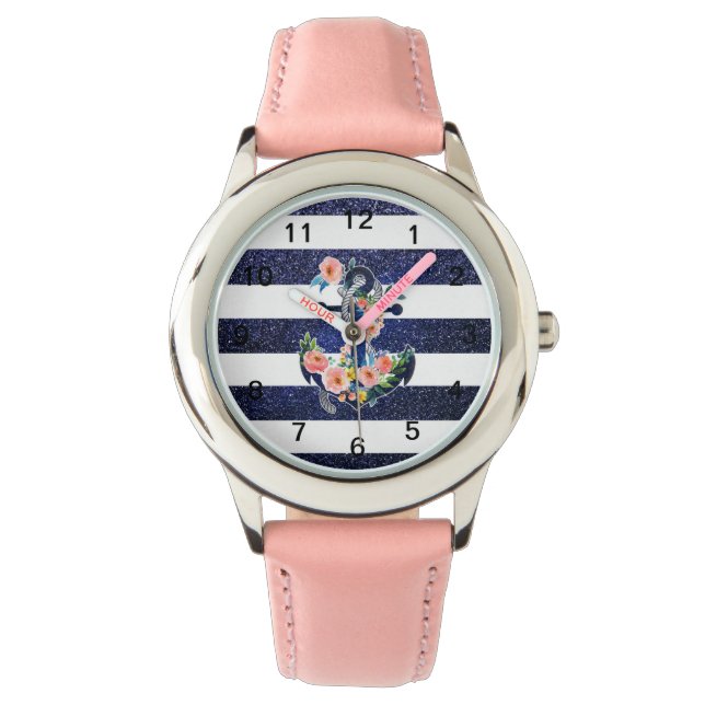 Blumenanker auf gestreiftem Hintergrund Armbanduhr (Vorderseite)