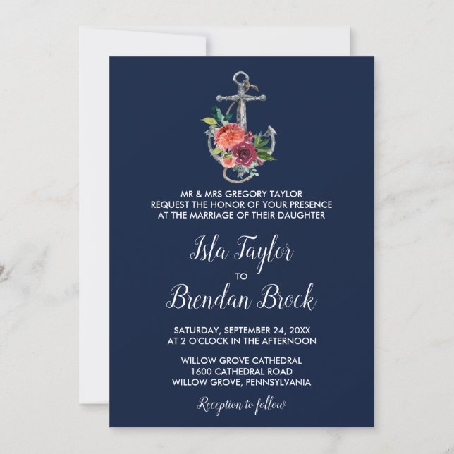 Blumenanker | Festliche Hochzeit der Marine Einladung (Vorderseite)