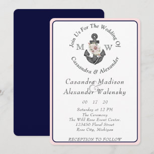 Blumenanker, nautische Hochzeit Pink Navy Blau Einladung