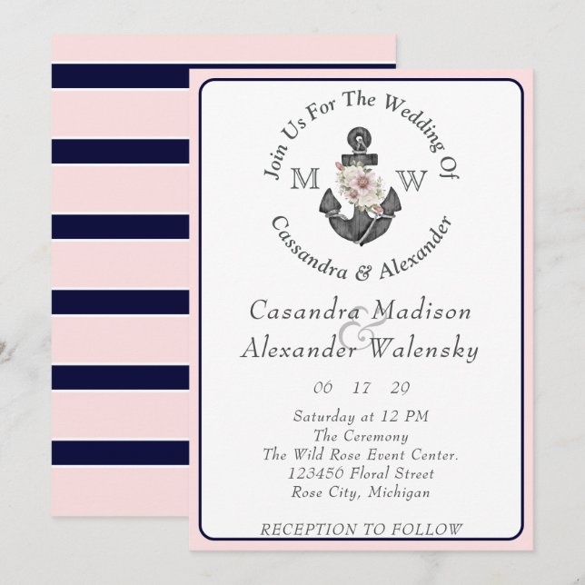 Blumenanker, nautische Hochzeit Pink Navy Blau Einladung (Vorne/Hinten)
