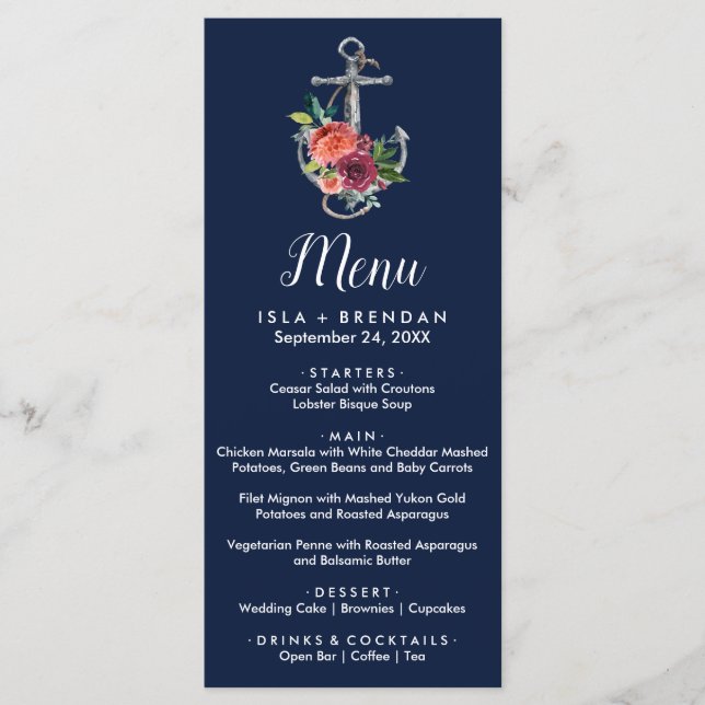 Blumenanker | Navy Autumn Dinner Menu Card Menükarte (Vorderseite)