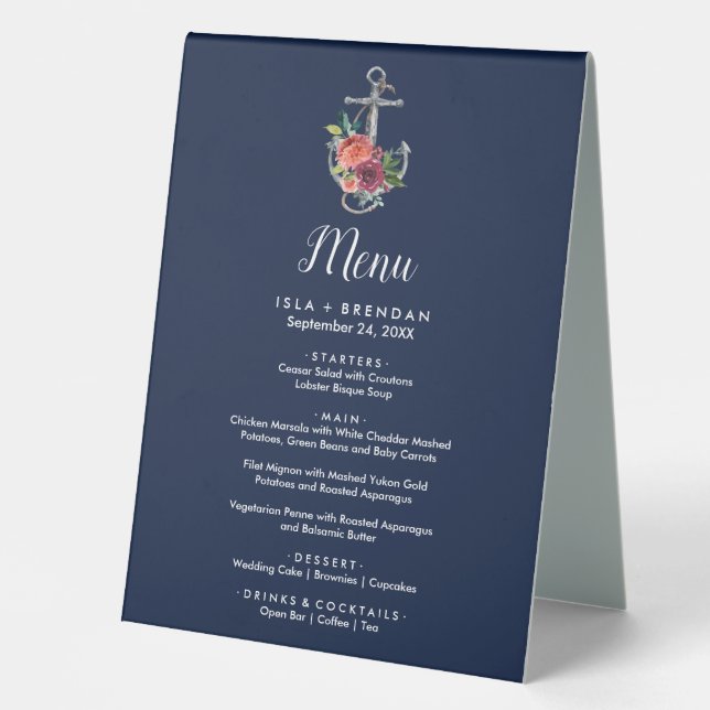 Blumenanker | Navy Autumn Dinner Menu Tischaufsteller (Vorderseite)