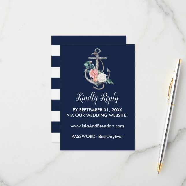 Blumenanker | Navy Summer Website RSVP Card (Vorderseite/Rückseite Beispiel)
