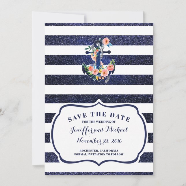Blumenanker Save the Date gestreift Einladung (Vorderseite)