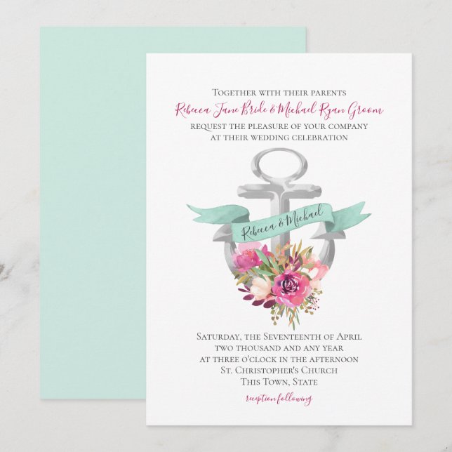 Blumenanker Wasserfarbenhochzeit Einladung (Vorne/Hinten)