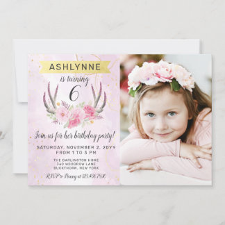 Blumenantler & Blush Pink Gold Marmor Geburtstag Einladung