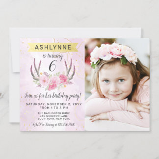 Blumenantler & Blush Pink Gold Marmor Geburtstag Einladung