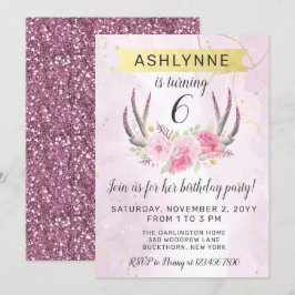 Blumenantler & Blush Pink Gold Marmor Geburtstag I Einladung