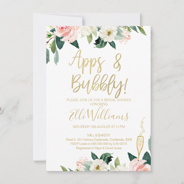 Blumenapplikationen und Bubbly Bridal Dusche Einla Einladung (Vorderseite)