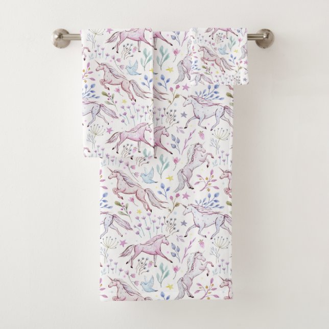 BlumenAquarell-Einhorn-Muster Badhandtuch Set (Insitu)