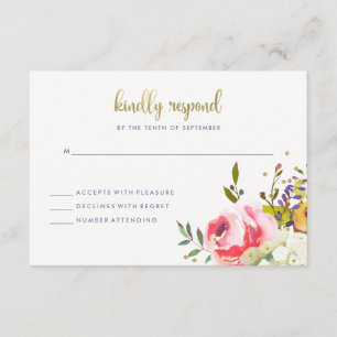 BlumenAquarell-Hochzeits-Antwort des gold  moderne RSVP Karte