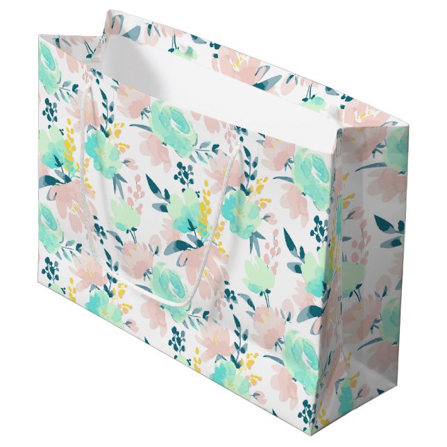 BlumenAquarell-Muster Große Geschenktüte (Vorderseite Schrägansicht)