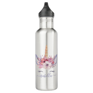 BlumenAquarellentwurf des schönen Einhorngesichte Edelstahlflasche