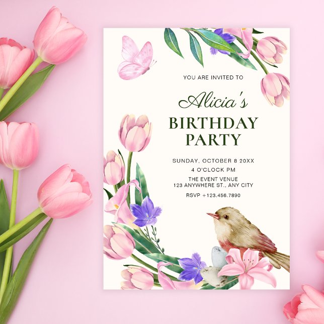 Blumenast Vogel Geburtstag Einladung (Von Creator hochgeladen)