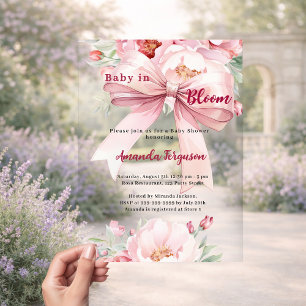 Blumenbaby blüht rosa Schleife klar Baby Shower Acryleinladungen