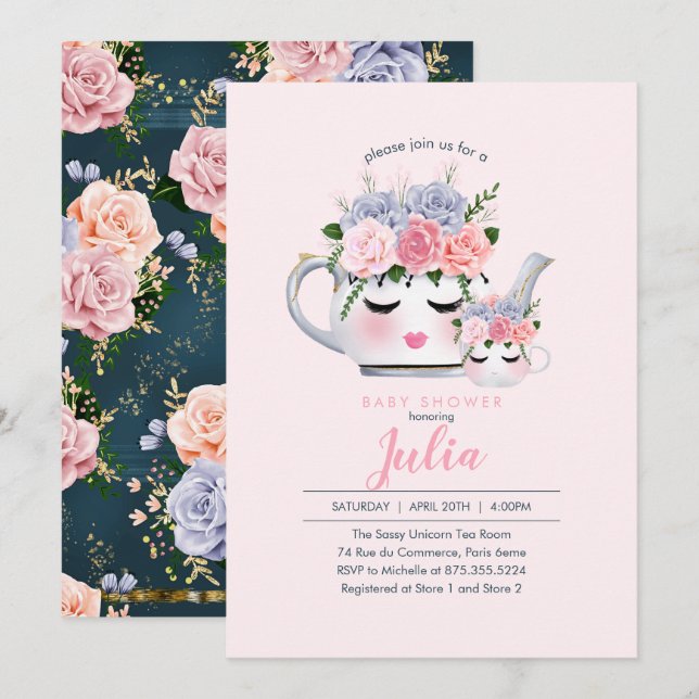 Blumenbaby-Dusche Fräulein-Eyelashes Teapot Mom Einladung (Vorne/Hinten)