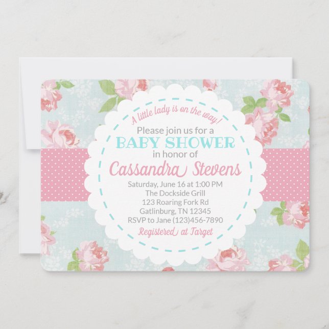 Blumenbaby-Dusche Shabby Chic Einladung (Vorderseite)