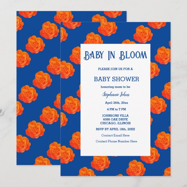 Blumenbaby in Bloom Baby Dusche Orange Navy Blue Einladung (Vorne/Hinten)