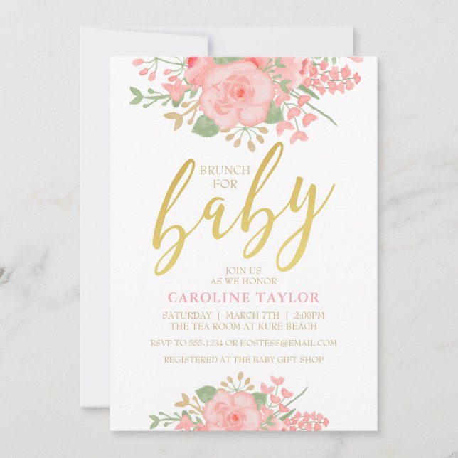 BlumenBabyparty erröten rosa Gold Einladung (Vorderseite)