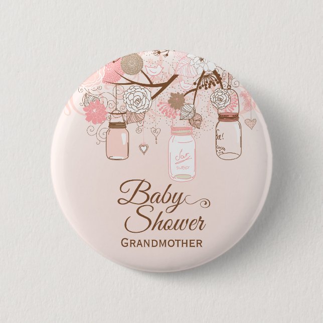 BlumenBabypartyknopf des schicken rosa Weckglases Button (Vorderseite)
