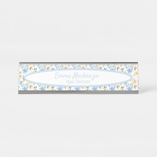 Blumenbahnhof Blaue gelbe Blumen Schreibtisch Zeic Schreibtischnamensplakette (Vorderseite )