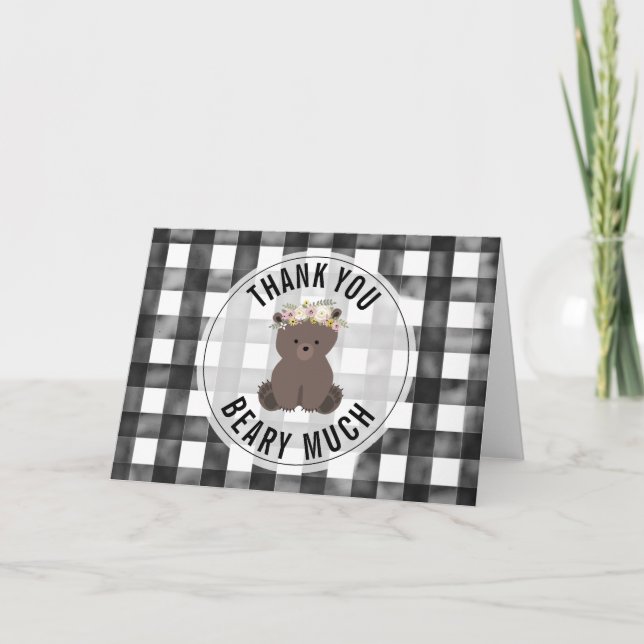 Blumenbärn-Schwarzes + Weißer Gingham danken Ihnen Karte (Vorderseite)