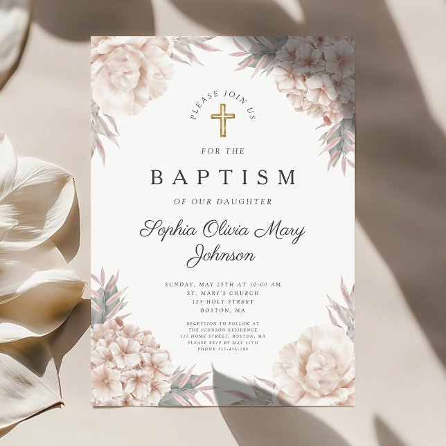 Blumenbäume Gold Cross Girl Religiöse Taufe Einladung (Floral Peonies Gold Cross Girl Religious Baptism Invitation)
