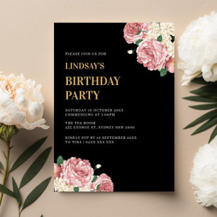 Blumenbäume und Rose auf der Black Birthday Party Einladung