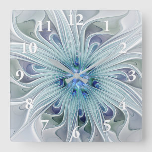 Blumenbeauty Abstrakt Moderne Blaue Pastell Blume Quadratische Wanduhr