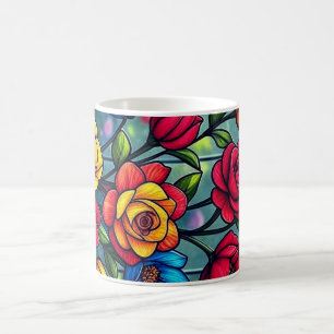 Blumenbecher und Aufkleber-Illustration auf weißem Kaffeetasse