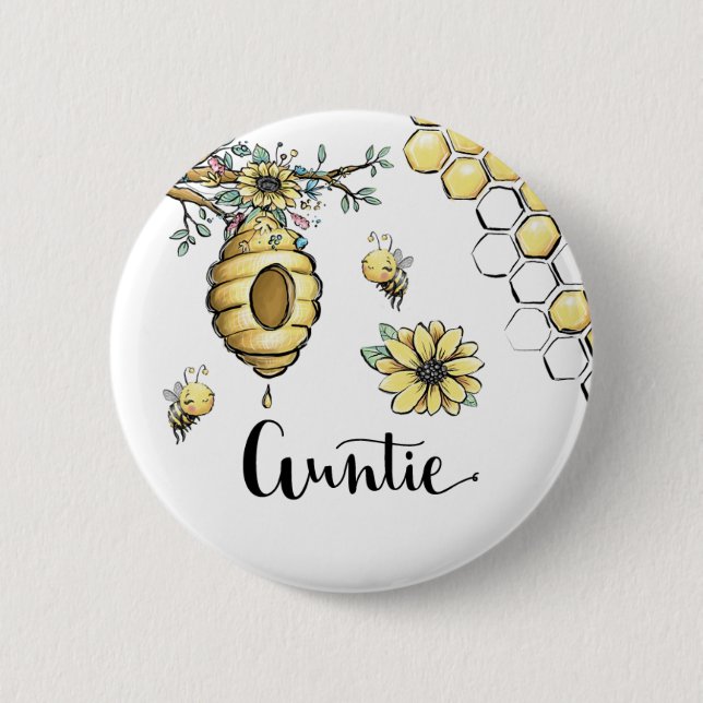 Blumenbeehive Honey Sweet Bee Baby Shooting Auntie Button (Vorderseite)