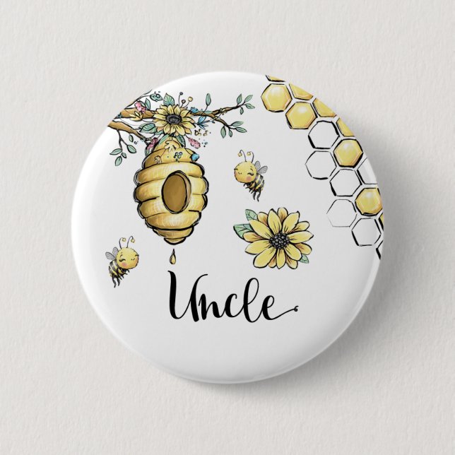 Blumenbeehive Honey Sweet Bee Baby Shower Onkel Button (Vorderseite)
