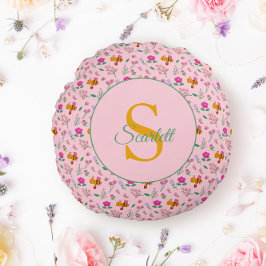 Blumenbeere und Blume Muster Monogramm Name Rundes Kissen