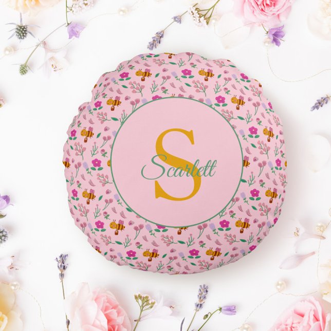 Blumenbeere und Blume Muster Monogramm Name Rundes Kissen (Von Creator hochgeladen)