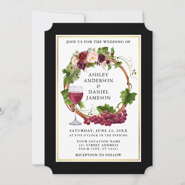 Blumenbeere Watercolor Weintrauben Wreath Black Go Einladung (Vorderseite)