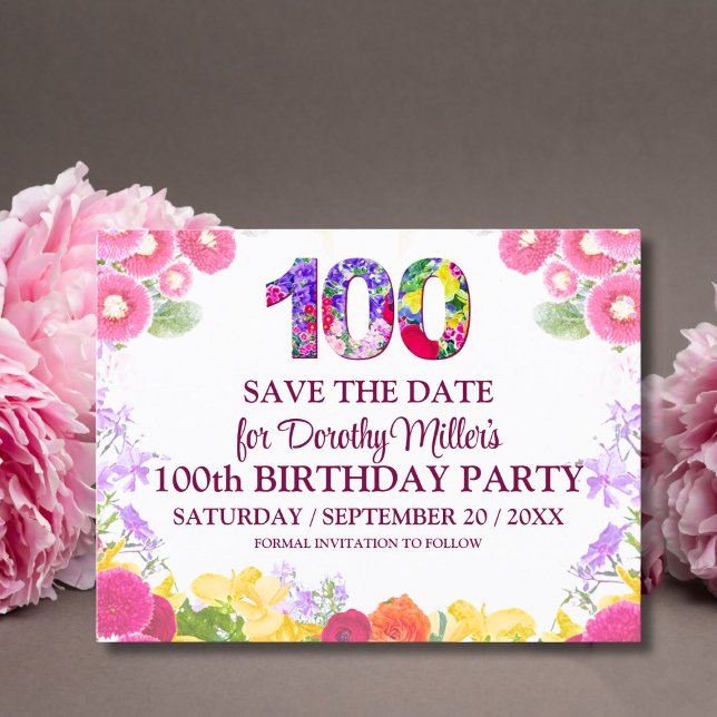 Blumenbeete 100. Geburtstag Save the Date, elegant Postkarte (Von Creator hochgeladen)