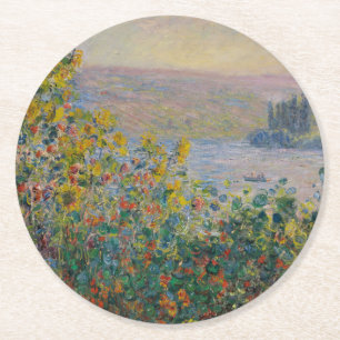 Blumenbeete in Vétheuil, impressionistische Landsc Runder Pappuntersetzer