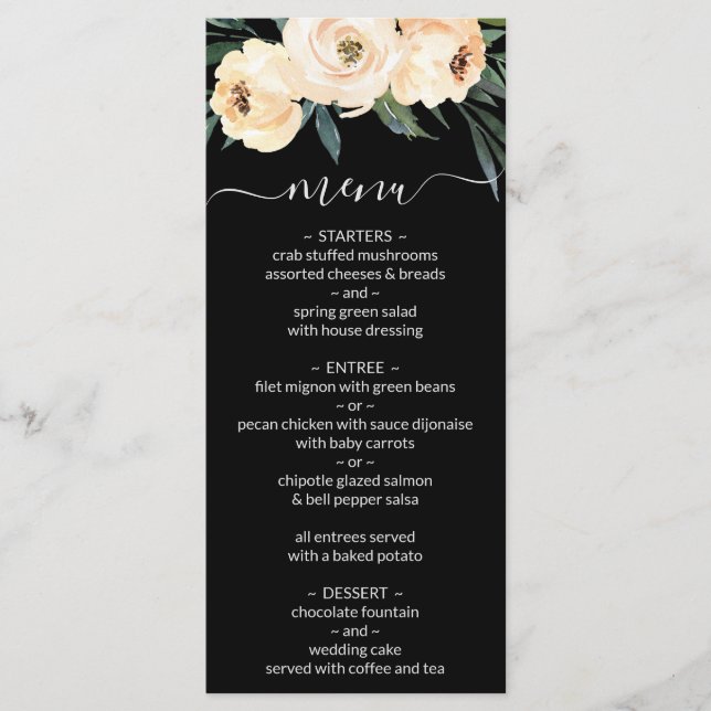 Blumenbeige auf dem Black Wedding Menu Menükarte (Vorderseite)