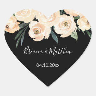 Blumenbeige auf schwarzen Gastgeschenke Hochzeiten Herz-Aufkleber