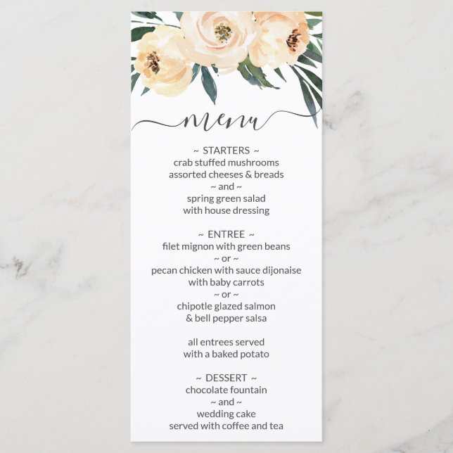 Blumenbeige auf weißem Hochzeitsmenü Menükarte (Vorderseite)