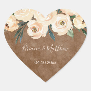 Blumenbeige Blush auf braune Gastgeschenke Hochzei Herz-Aufkleber