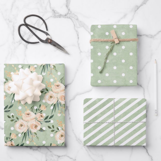 Blumenbeige Blush auf Grüne Hochzeit Geschenkpapier Set (Vorderseite)